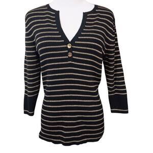 RALPH LAUREN Sweater Large PETITE Black Gold Stripes VNeck Casual Career Classic